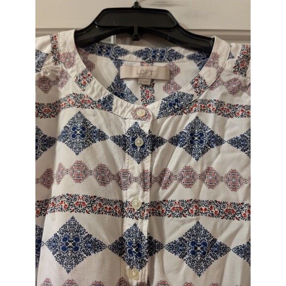 LOFT Womens XL Long Sleeve Boho Geometric Blouse Ivory Blue Tunic Top - Picture 10 of 12